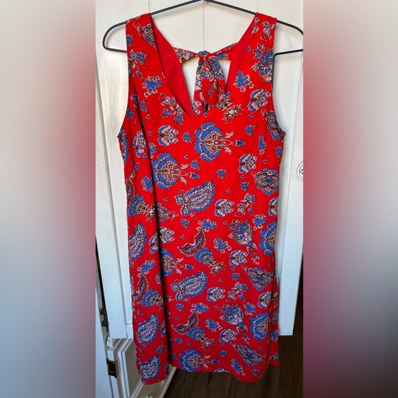 Paraphrase Red Floral Print Sheath Dress Size 8 Sleeveless Tie Neck Side Zip - Picture 1 of 8